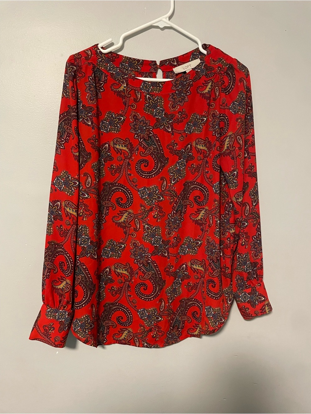 LOFT Red Paisley Long-Sleeve Blouse Medium